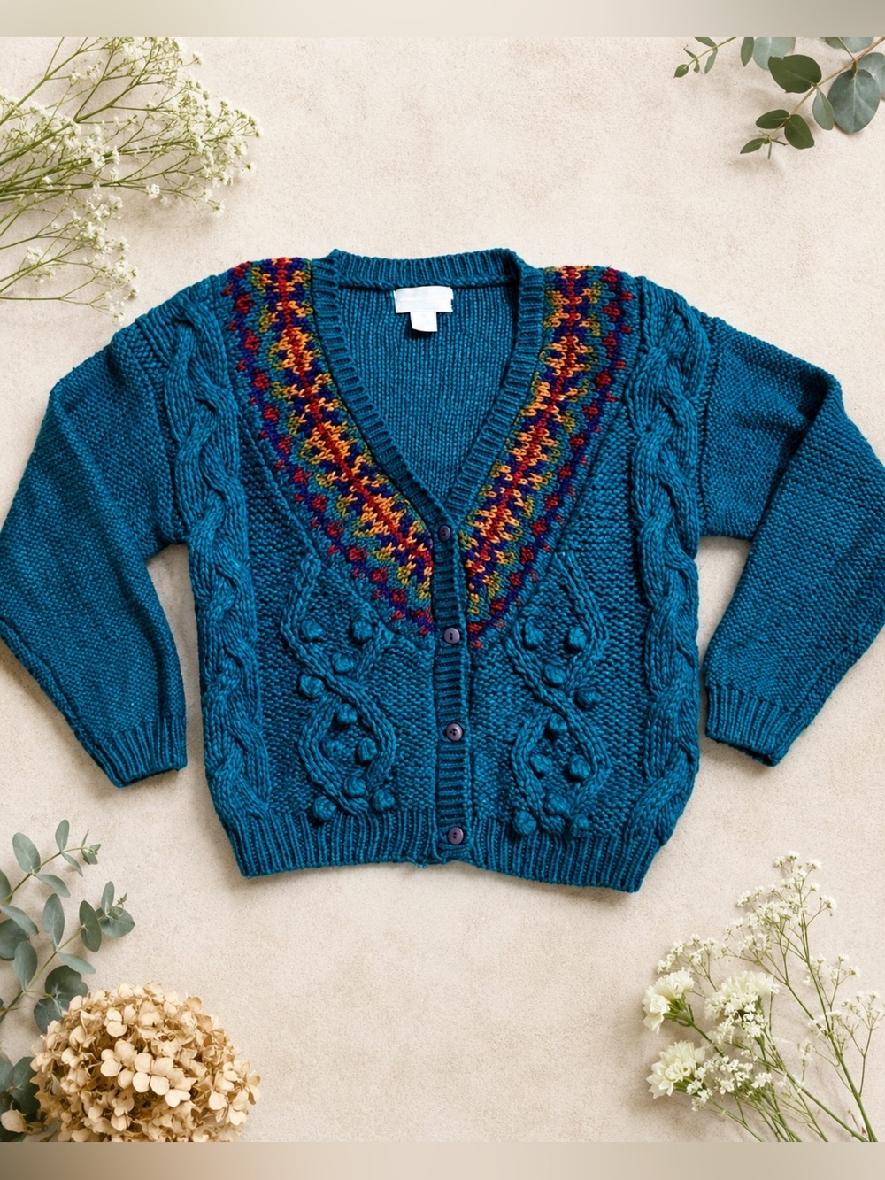 Vintage Fair Isle Cable Knit Cardigan |Teal Multicolor Yoke |Cozy Chunky Sweater